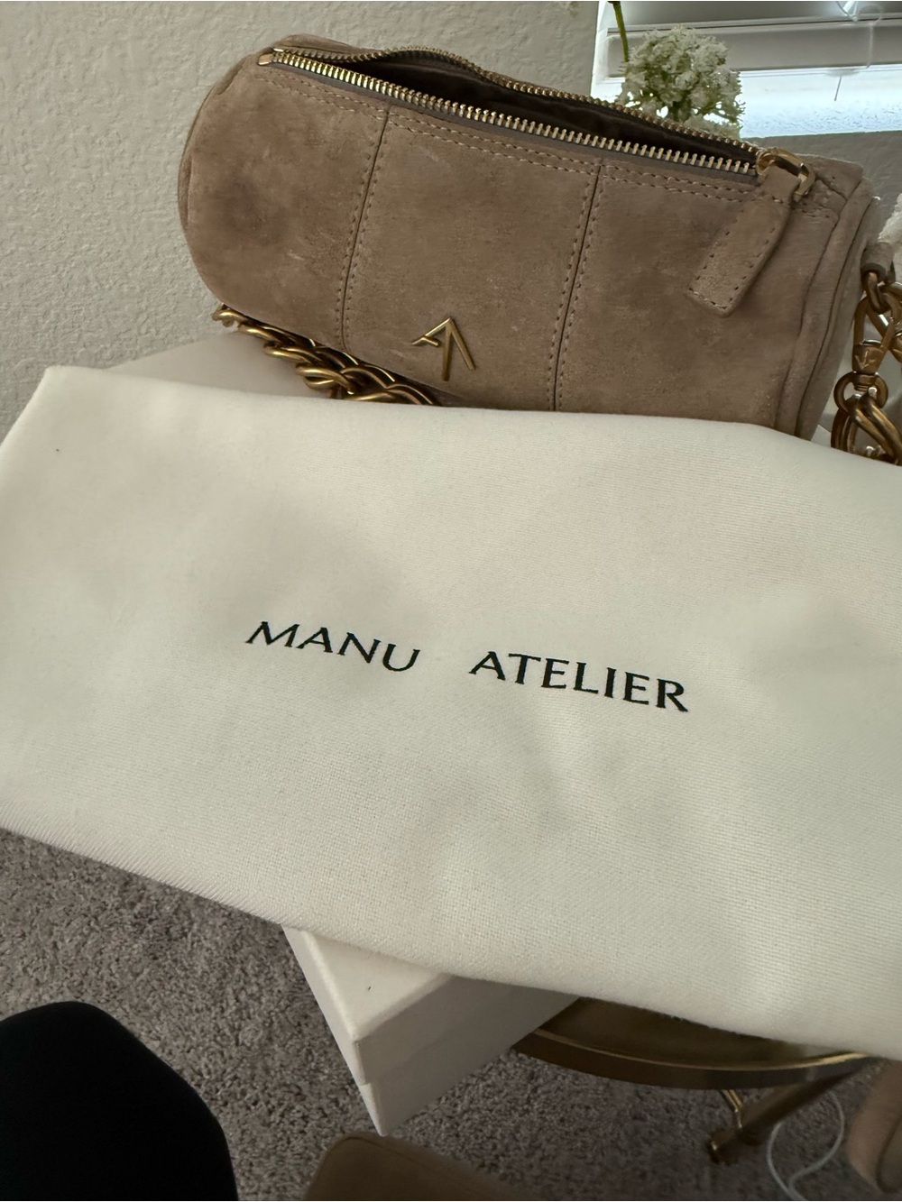 Manu Atelier Cylinder Beige Suede Chain Shoulder Bag/ crossbody strap